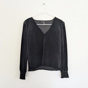 Smocked Black Long Sleeve V-Neck Velvet Blouse